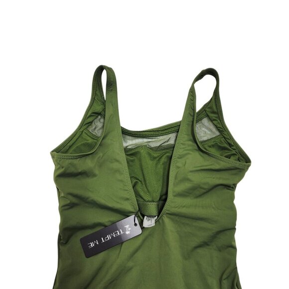 Green One-Piece Ruched Swimsuit  Mesh Inserts By Tempt Me Size S Womens - Picture 7 of 7